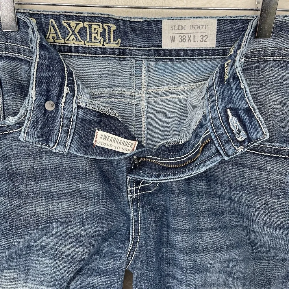 TK Axel Slim Bootcut Jeans Light Wash Distressed Blue Denim 38x32 Mens